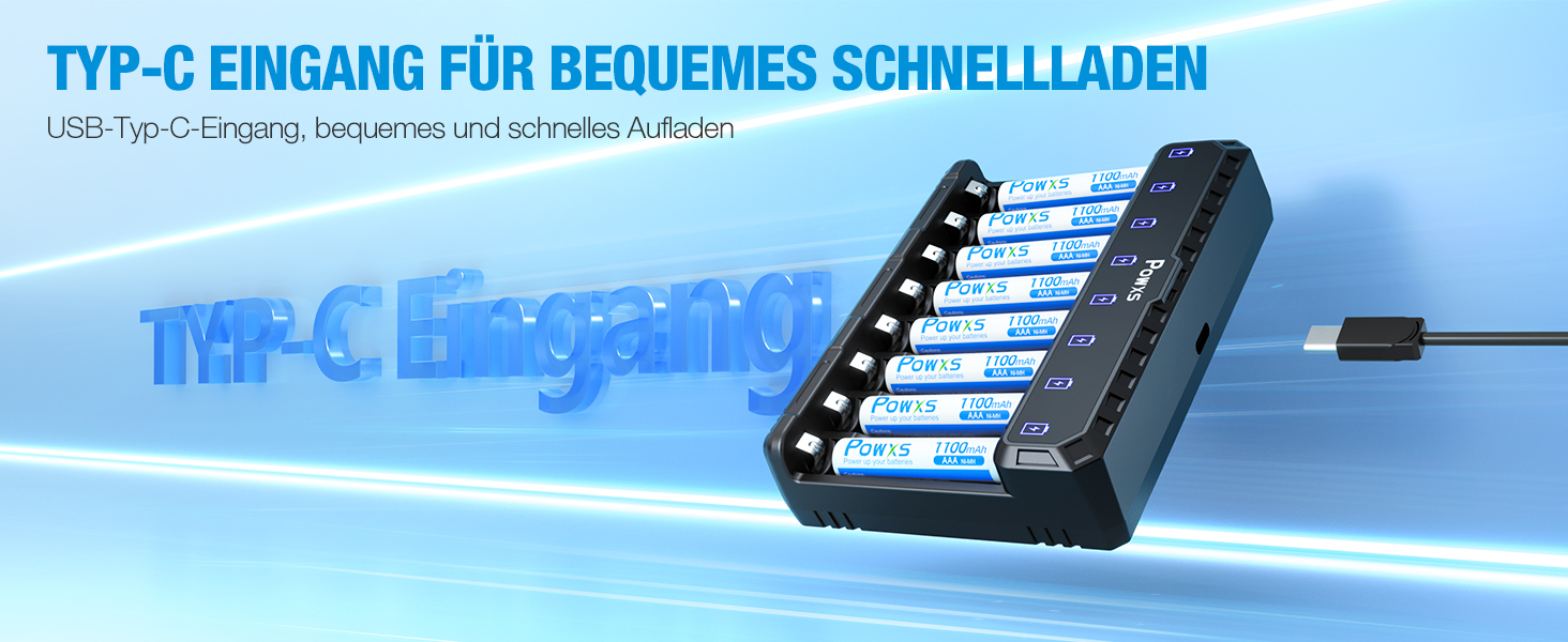 Зарядний пристрій POWXS для акумуляторів AA AAA (NIMH/NICD/Li-ion/Lithium) з LED-дисплеєм та USB-C, 8 слотів, швидка зарядка