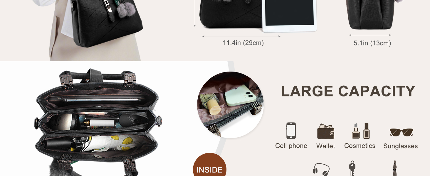 Сумка жіноча шкіряна NICOLE & DORIS 2025 чорна/сіра з помпоном та знімним ремінцем