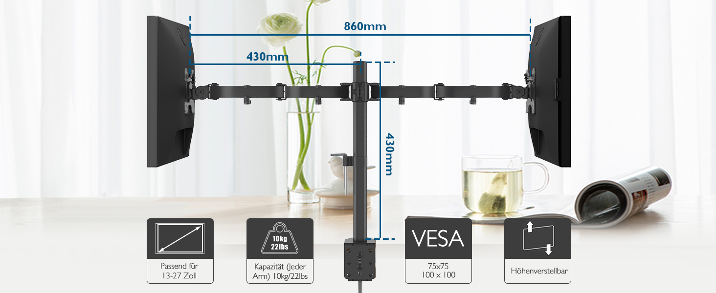 Підставка для монітора BONTEC для 2 моніторів 13-27 дюймів (плоскі та вигнуті), регульована по висоті, нахил, поворот, оберт, чорний, VESA 75x75/100x100, 10 кг/arm