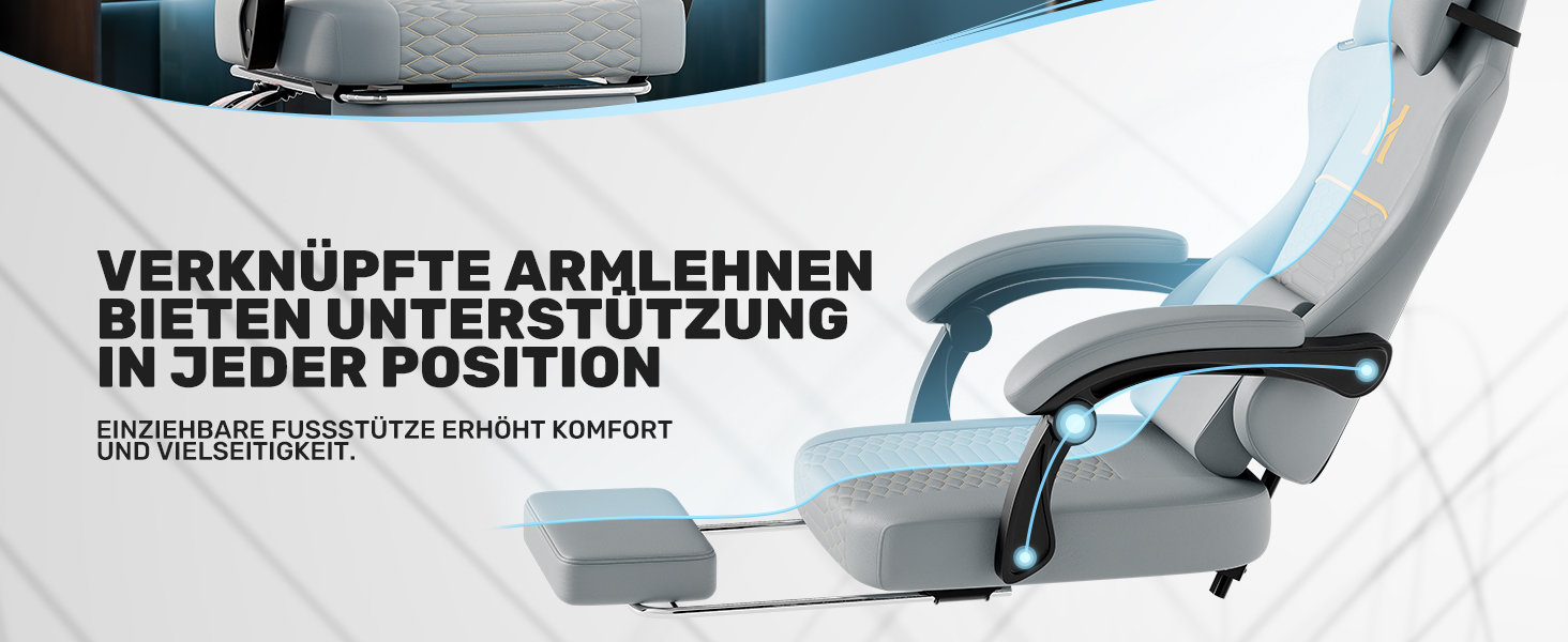 Геймерське крісло Ergonomisch з підлокітниками, підставкою для ніг, подушкою для попереку та голови, регульованою висотою, оббивка PU, сірий колір P-grey