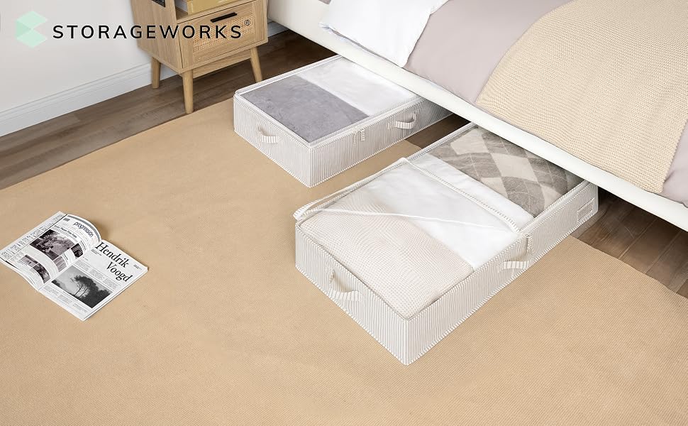 Набір органайзерів для зберігання під ліжком StorageWorks з кришкою та ручками, складаний тканинний бокс для одягу та ковдр, 2 шт (84 x 43 x 15 см, сіро-білі смуги)