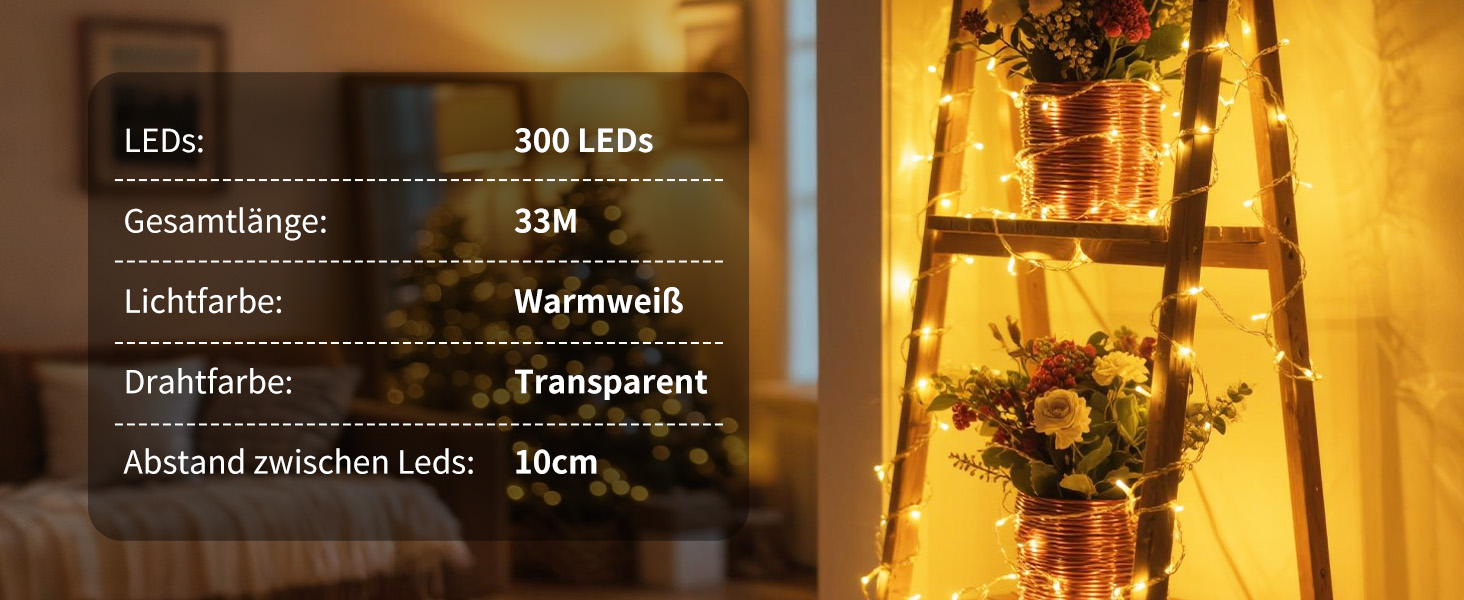 LED гірлянда для декору приміщень та вулиці, 33м, 300 LED, тепле біле світло, для саду, вечірки, весілля, Різдва, тераси, балкону
