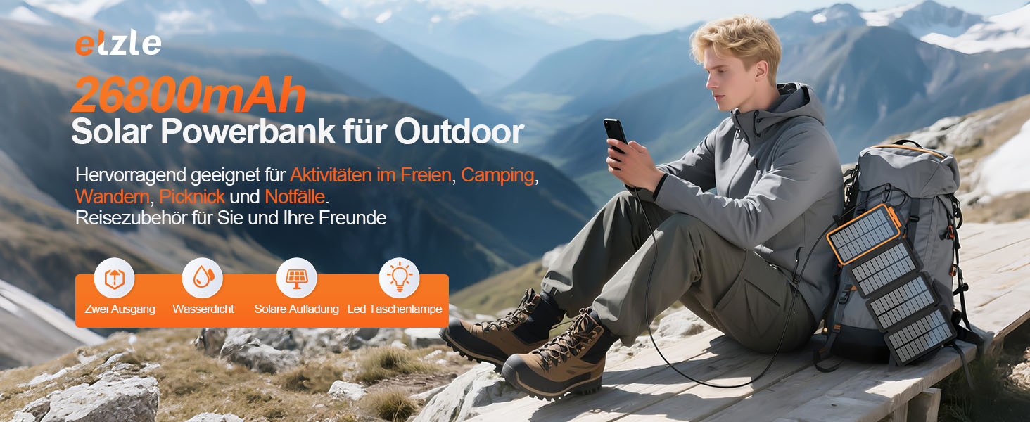 Сонячний павербанк 26800mAh elzle з 2 USB-A виходами та 1 USB-C входом, вологостійкий зовнішній акумулятор з 4 сонячними панелями та ліхтариком для смартфонів, планшетів, кемпінгу, чорний