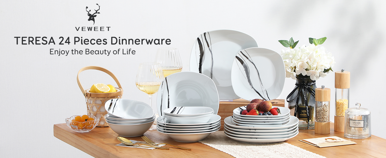 VEWEET Набір посуду з порцеляни для 4 осіб (24 елементи), серія FIONA: чорно-сірий декор, 12 елементів (тарілки та миски), підходить для щоденного використання, миється в посудомийній машині та розігрівається в мікрохвильовці