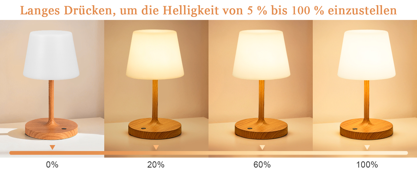 Світлодіодна настільна лампа бездротова з сенсорним керуванням, акумуляторна, з регулюванням яскравості та функцією пам'яті для спальні, кафе, вулиці, з імітацією текстури дерева