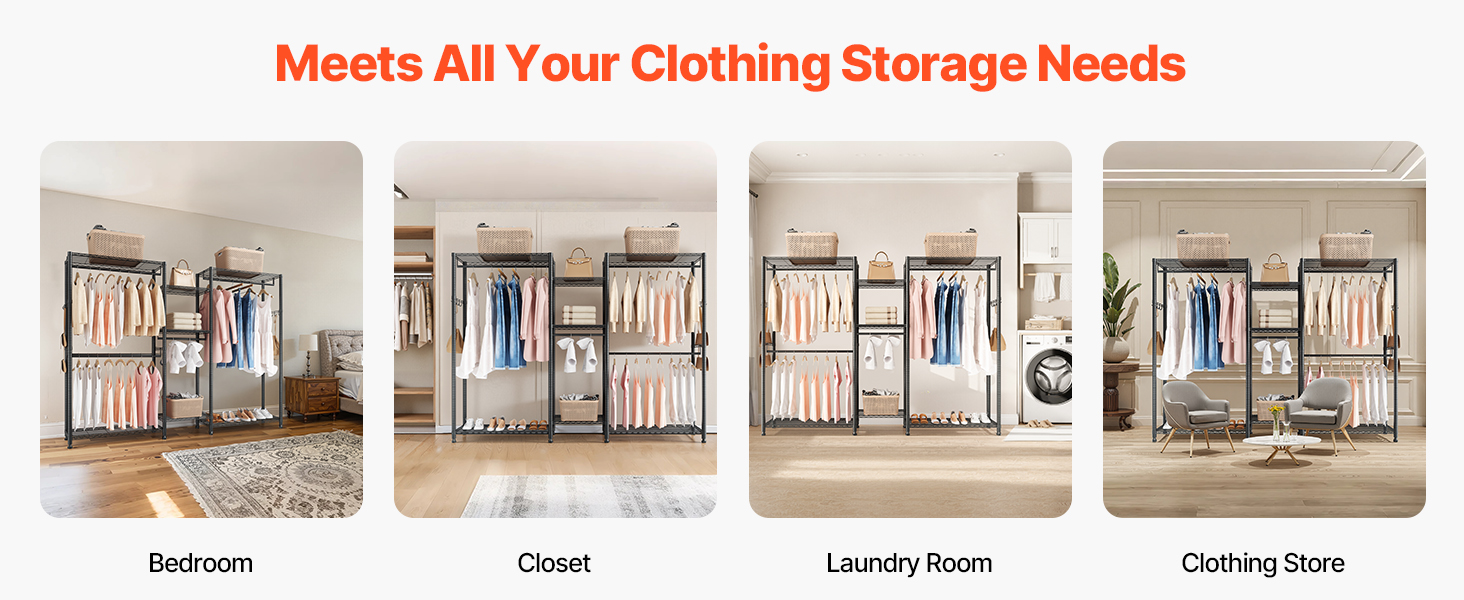 Стійка для одягу VEVOR з 4 перекладинами, 7 полицями та 8 гачками – міцна конструкція (385,5 кг) для спальні, магазину одягу, прихожої