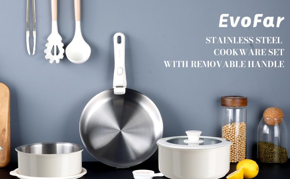 Набір посуду з нержавіючої сталі 14 предметів: сковорода 24 см, каструлі 18/20 см, знімні ручки, керамічне покриття, підходить для всіх плит, білий