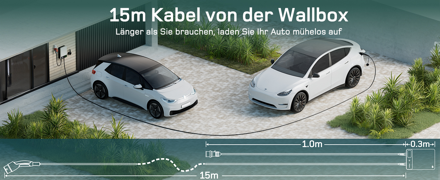 Wallbox 11 кВт з APP, кабель Type 2 7.5м з тримачем, 3-фазний зарядний пристрій для електромобілів (6-16A, 400V), BEV/PHEV, RCD Type A 30mA AC + 6mA DC, IP54, чорний. CEE 22кВт, 10м білий.