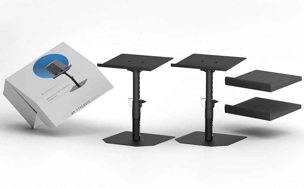 Надійні підставки для акустики зі звукопоглиначем – міцні, регульовані +/-20°, вантажопідйомність до 28 кг – ідеально для столу, студії або DJ-стілу