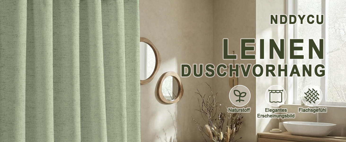 Штора для душу зелена льон 180x200 см, бохо стиль, водонепроникна, тканинна, анти-грибок, для ванної кімнати