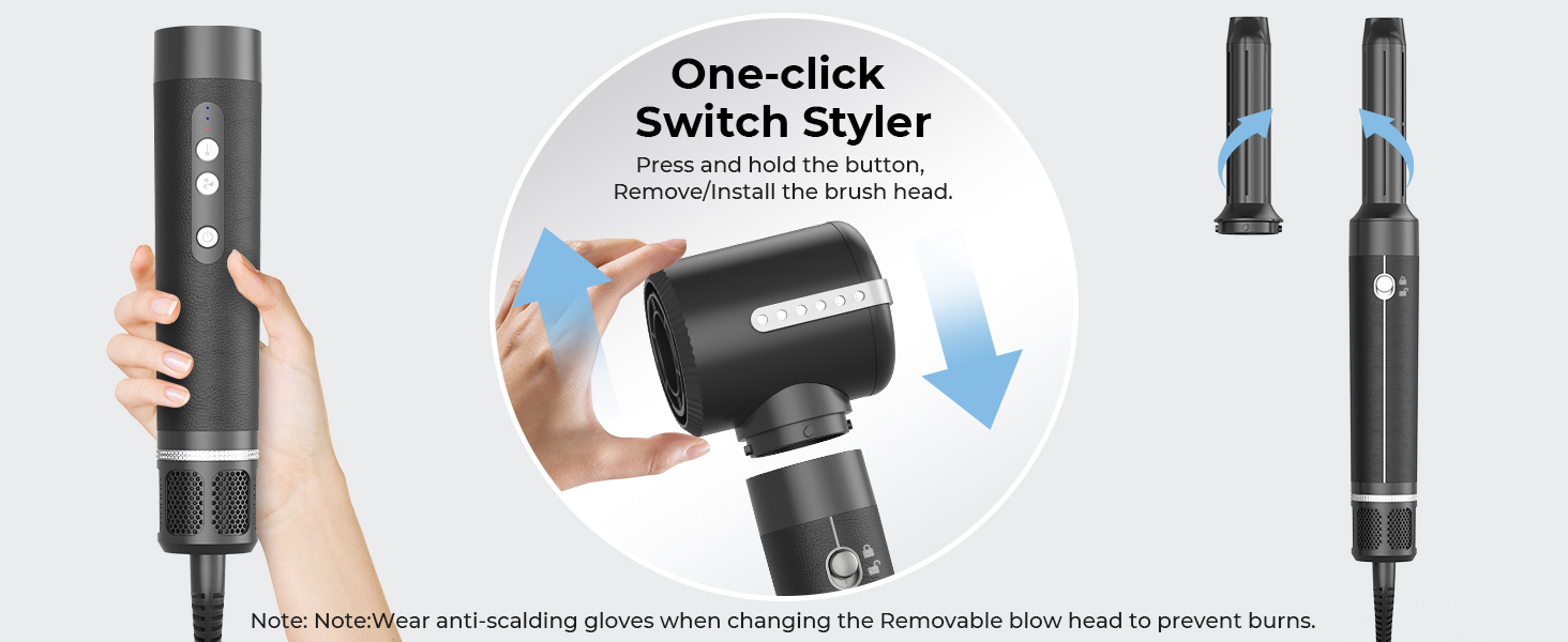 Набір для укладки волосся 7-в-1: фен, дифузор, щітка для укладки, автоматична плойка, випрямляч, чорний, 110000 RPM