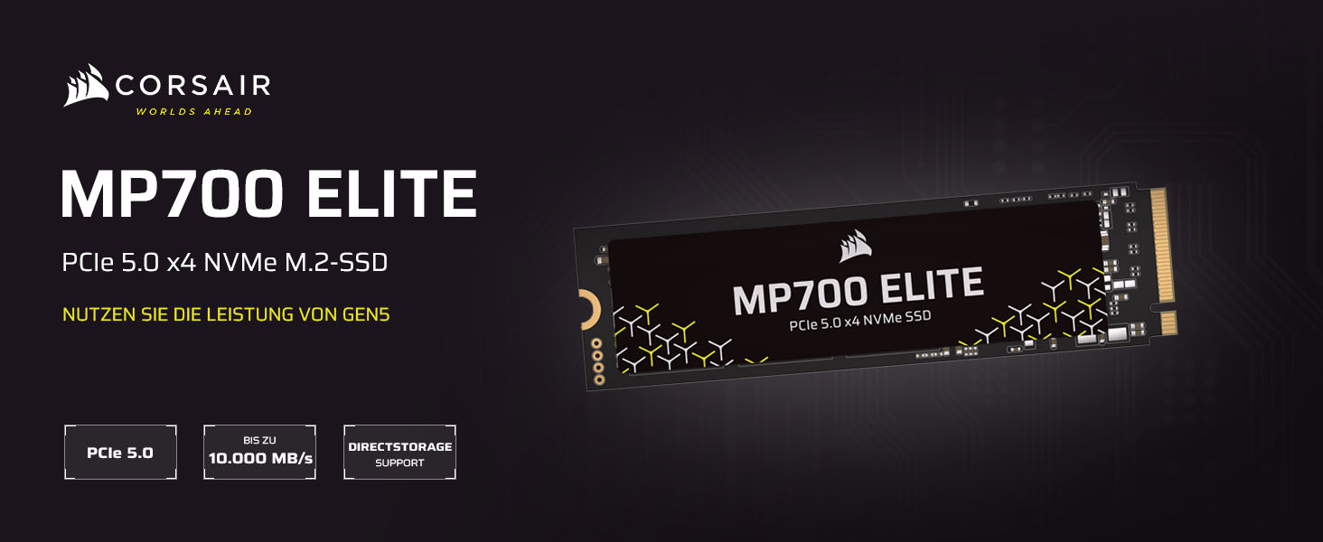 SSD Corsair MP700 Elite 1TB PCIe 5.0 NVMe M.2 – Швидкість до 10000 МБ/с, 3D TLC NAND, DirectStorage, Чорний