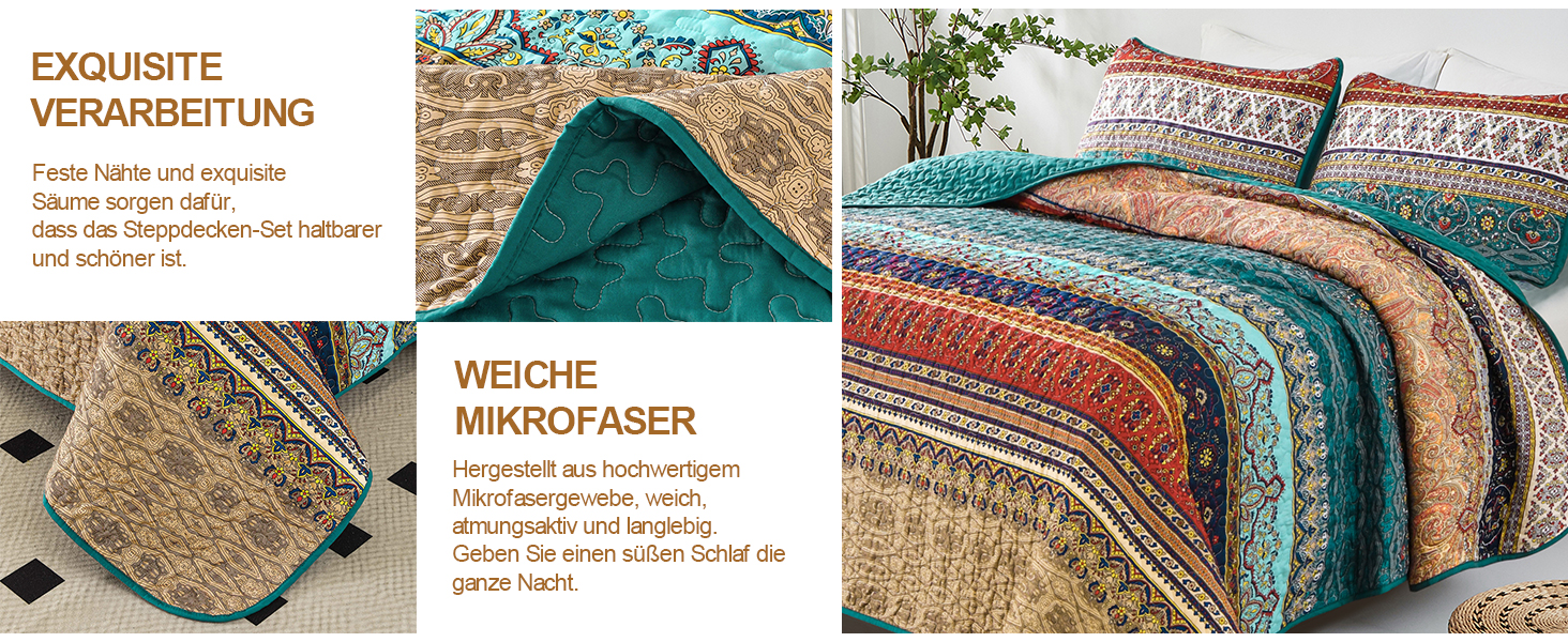 Покривало WONGS BEDDING Boho 220x240 см, стьобане, мікрофібра, комплект 3 в 1 (2 наволочки 50x70), для двоспального ліжка та дивана, бежево-зелене, для спальні