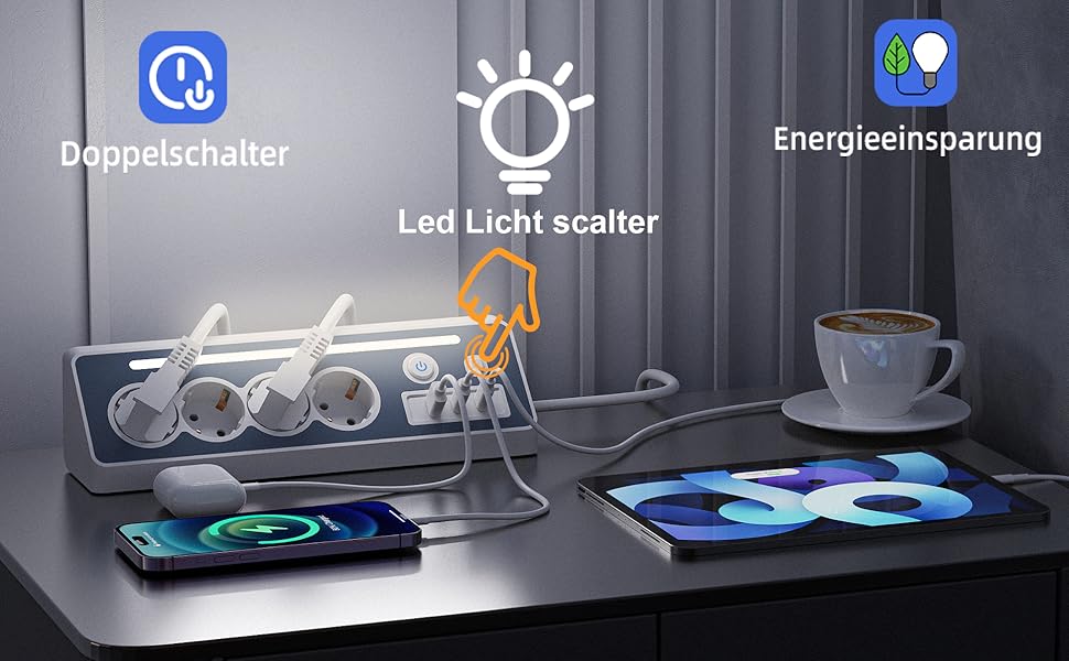 Мережевий фільтр з USB та Type-C, 4 розетки, 16A, 3680W, з вимикачами, захист від перенапруги, білий