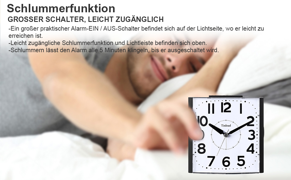 Analog Senior Alarm Clock with Night Light, 4.7-inch Dial, Table Clock with Snooze Function, Loud, 3-Stage Increasing Bell Sound, Battery Powered