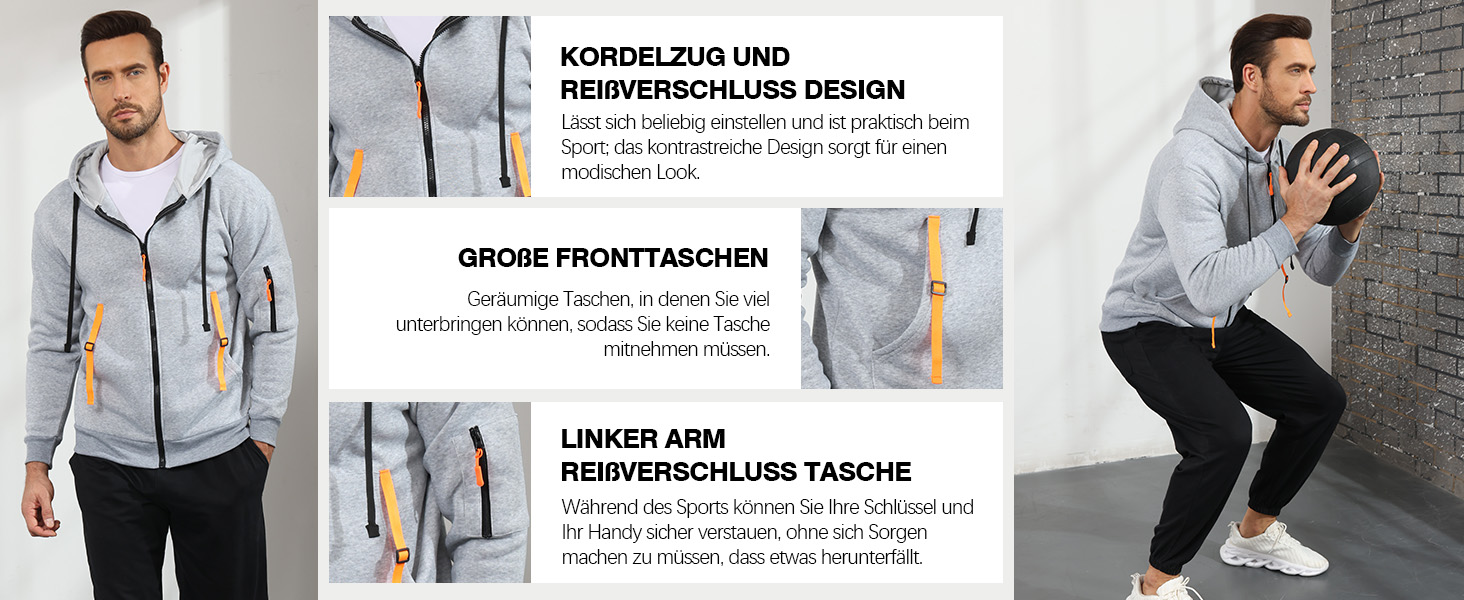 Світшот з капюшоном Aulemen для чоловіків з блискавкою, лангрукав, slim fit, декілька кишень, для повсякденного носіння та спорту, сірий, 3XL