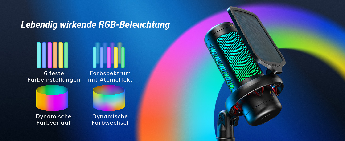 USB Мікрофон TONOR TC310 для Комп'ютера, PS4/5: Конденсаторний мікрофон для Стрімінгу з RGB підсвіткою та тримачем