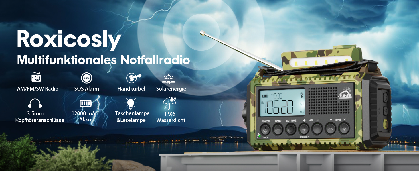 Радіо Kurbelradio на сонячній батареї та з ручкою, 12000mAh, AM/FM/SW, USB-зарядка, SOS-сигнал, ліхтарик, для кемпінгу та надзвичайних ситуацій, зелений камуфляж