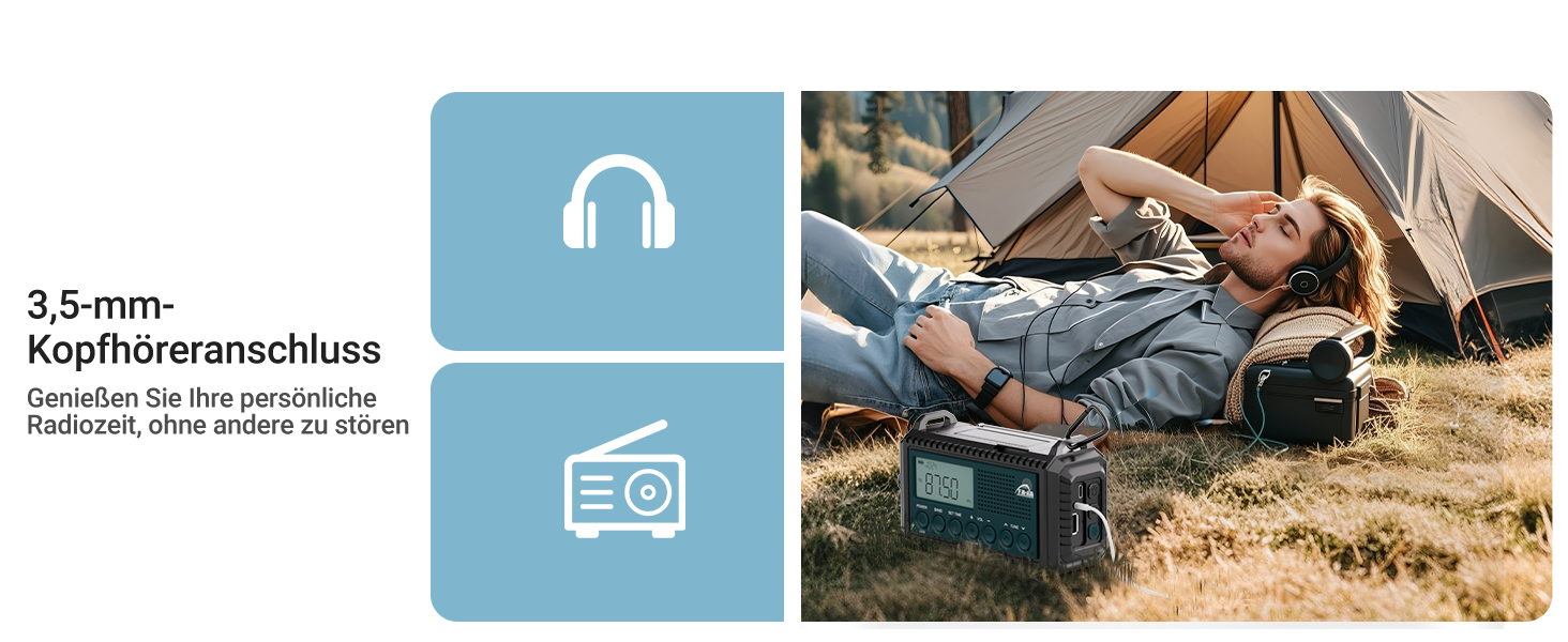 Радіо на ручному привіді AM/FM/SW з акумулятором 12000mAh, ліхтарик та SOS-сигнал, для туризму та кемпінгу, блакитне