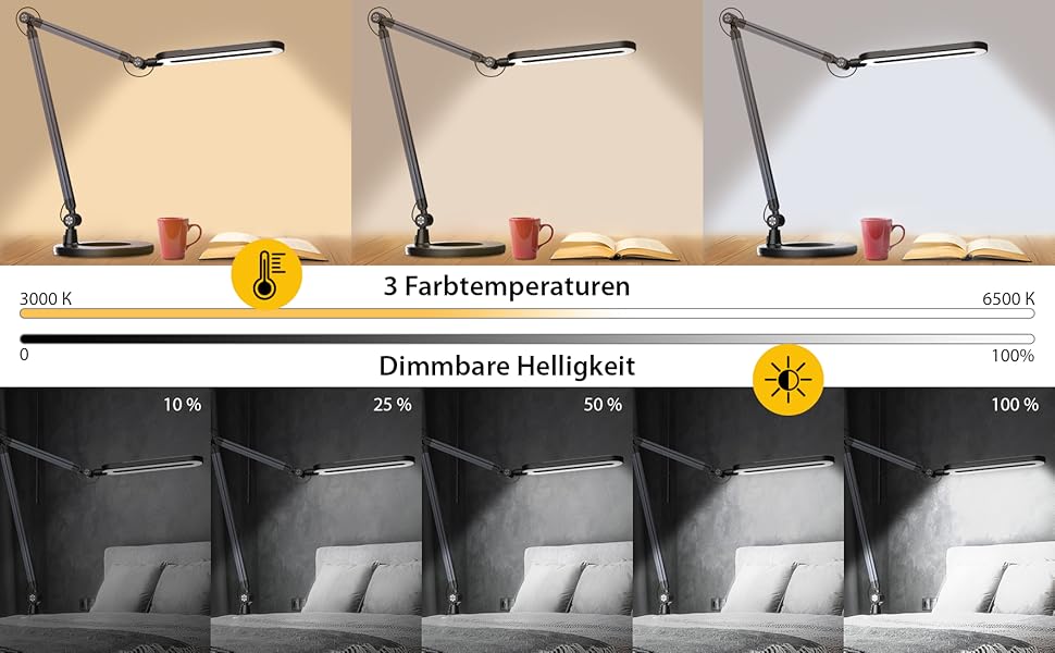 LED лампа для столу OTUS з регулюванням яскравості та бездротовою зарядкою (Qi) | Регульована настільна лампа з 3 кольоровими режимами та 12 рівнями яскравості | Захищає зір для дому та офісу