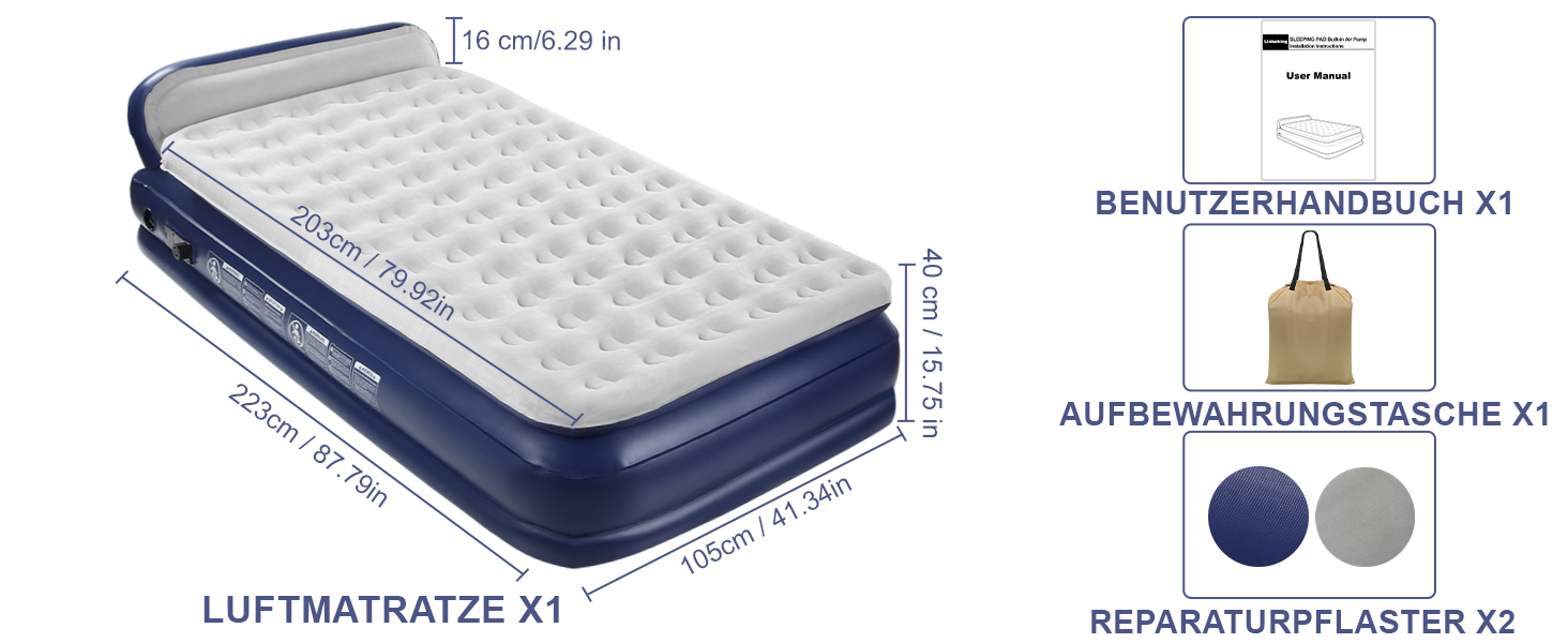Надувна матрац KMZ з електричним насосом, подвійна висота, для дому, подорожей та кемпінгу. Міцна надувна ліжко - односпальна