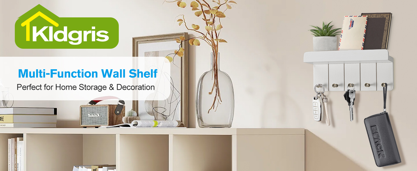 Дерев'яне ключниця з полицею, білий колір, 5 гачків, декоративна настінна полиця для прихожої, кухні, спальні