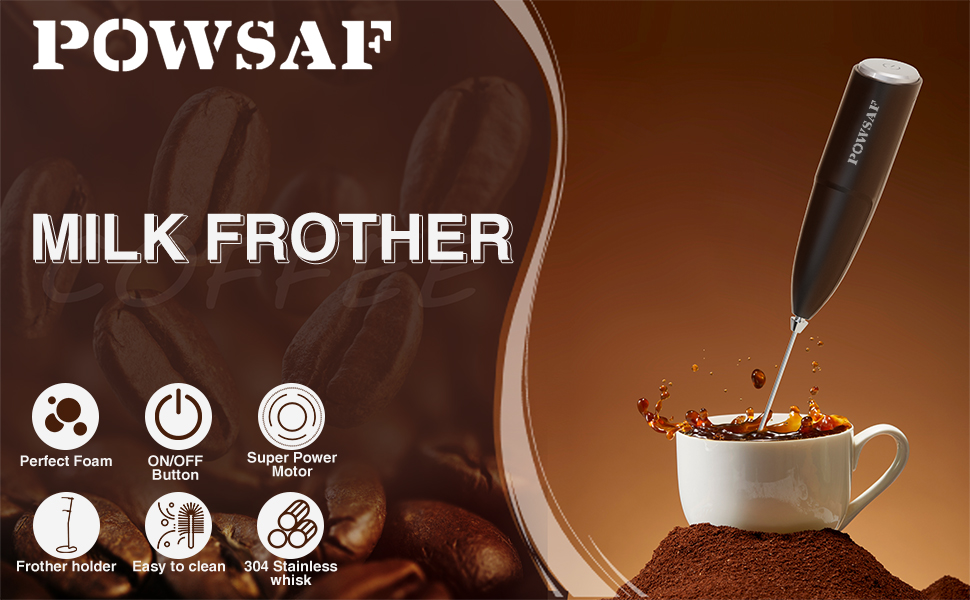 Електричний піноутворювач для молока POWSAF з підставкою, 13000 об/хв, для кави, лате, капучино, чорний/срібний