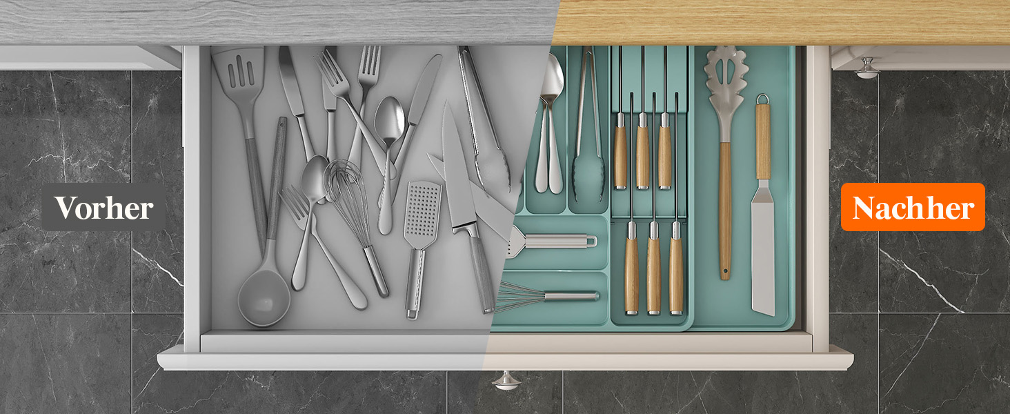 Органайзер для столових приборів Lifewit в шухляду, розширюваний, з відділенням для ножів (40 см, бірюзовий)