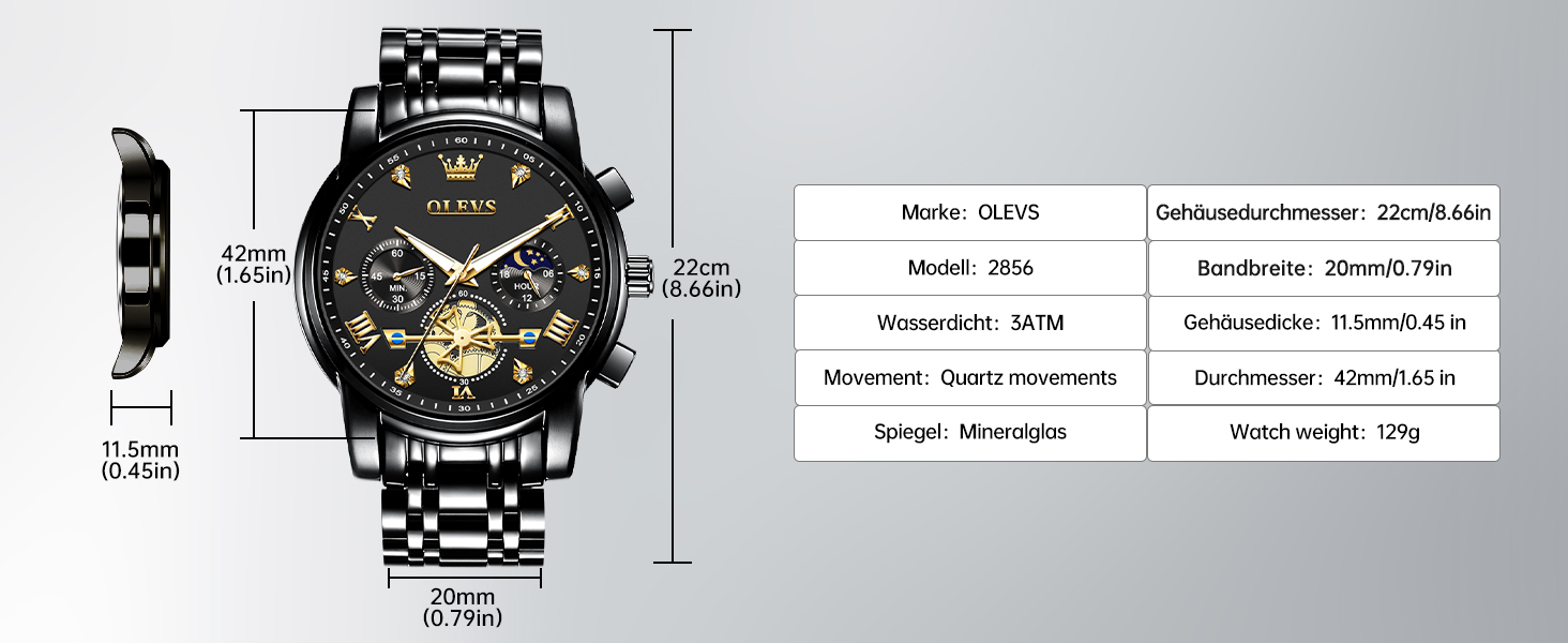 Годинник чоловічий OLEVS з металевим ремінцем, кварцовий, з місячною фазою, хронограф, водонепроникний, чорний (2856)