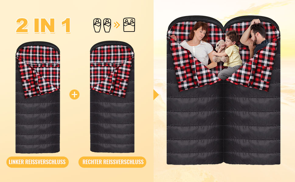 Спальний мішок XXL для дорослих, 3-4 сезони, фланель, для кемпінгу та зимових пригод, чорний, 230x90 см