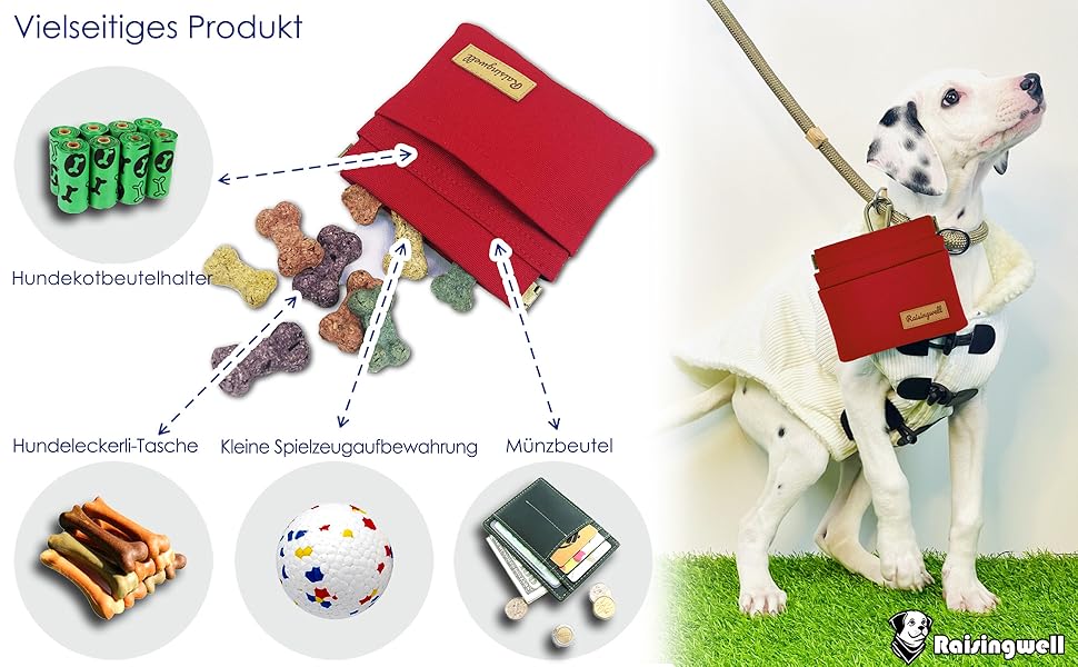 Сумка для корму для собак Leckerlibeutel – зручна для прогулянок, з міцної бавовни, з карабіном та самозакривною застібкою, ідеальна для подорожей та активного відпочинку (червона)