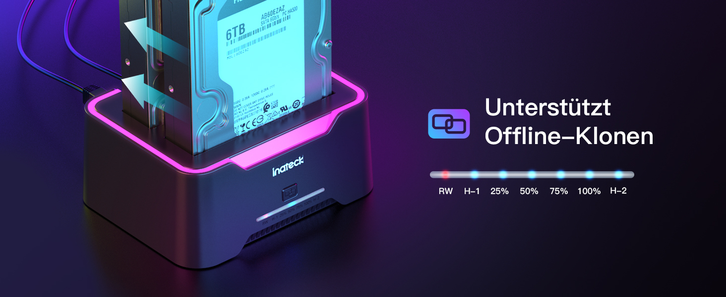 Док-станція Inateck USB 3.0 для HDD/SSD 2.5/3.5 дюймів, Dual-Dock, підтримка Offline-клонування, RGB, SA02002