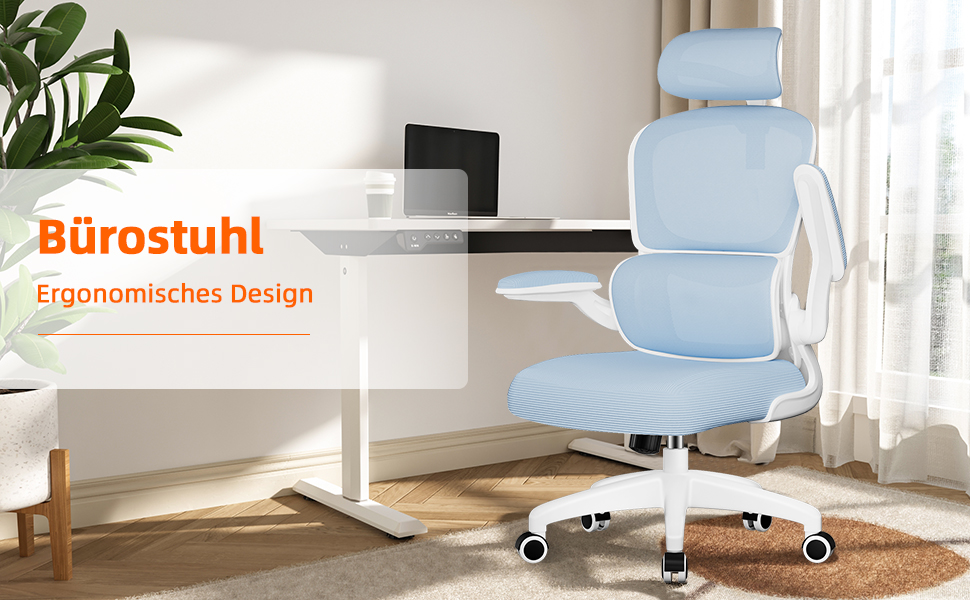 Ергономічне крісло для офісу з регульованою підголівником, підтримкою попереку та відкидними підлокітниками, крісло для начальника, 150 кг, функція гойдання до 135° (Блакитний, Модель 2)