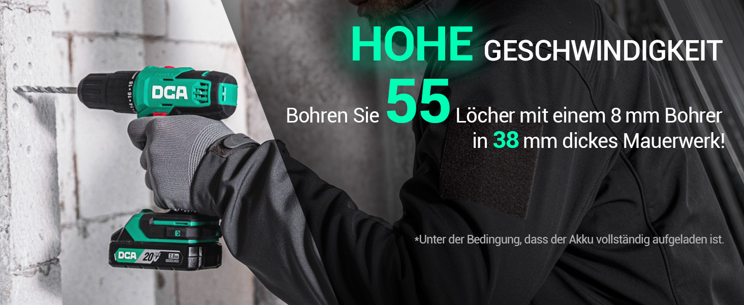 Акумуляторний ударний дриль-шуруповерт DCA 20V, 40 Нм, 13 мм, 22500 уд./хв, 18+1+1, комплект з 14 біт для бетону, металу, дерева