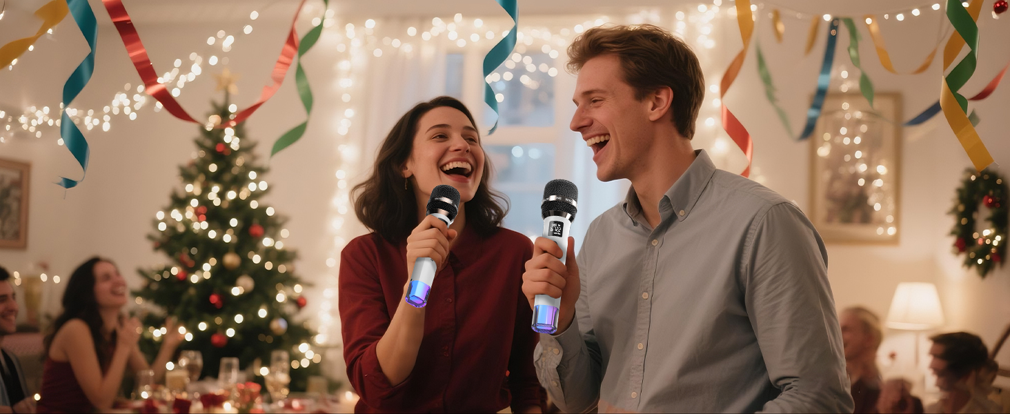 Бездротовий мікрофон з LED-підсвічуванням для караоке та YouTube/TikTok, 40 годин роботи, 60 метрів радіус дії, регулятор гучності, білий