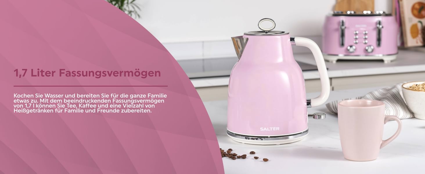 Salter Retro 1.7L Electric Kettle - 3kW, 360° Swivel Base, Removable Scale Filter, Cordless, Water Level Indicator, Boil Indicator, Dry Boil Protection & Auto Shutoff, Pink
