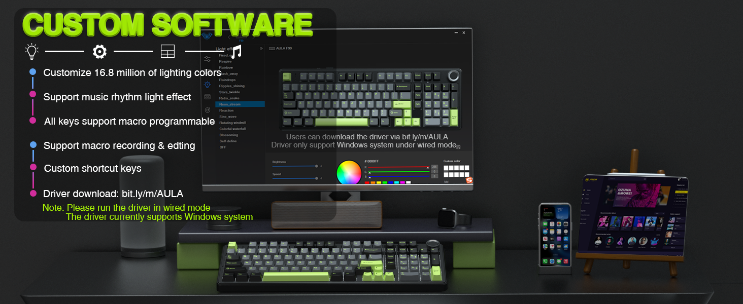 Механічна ігрова клавіатура AULA F99 Pro: RGB, Hot-swap, бездротовий 3-в-1, QWERTY, чорний градієнт