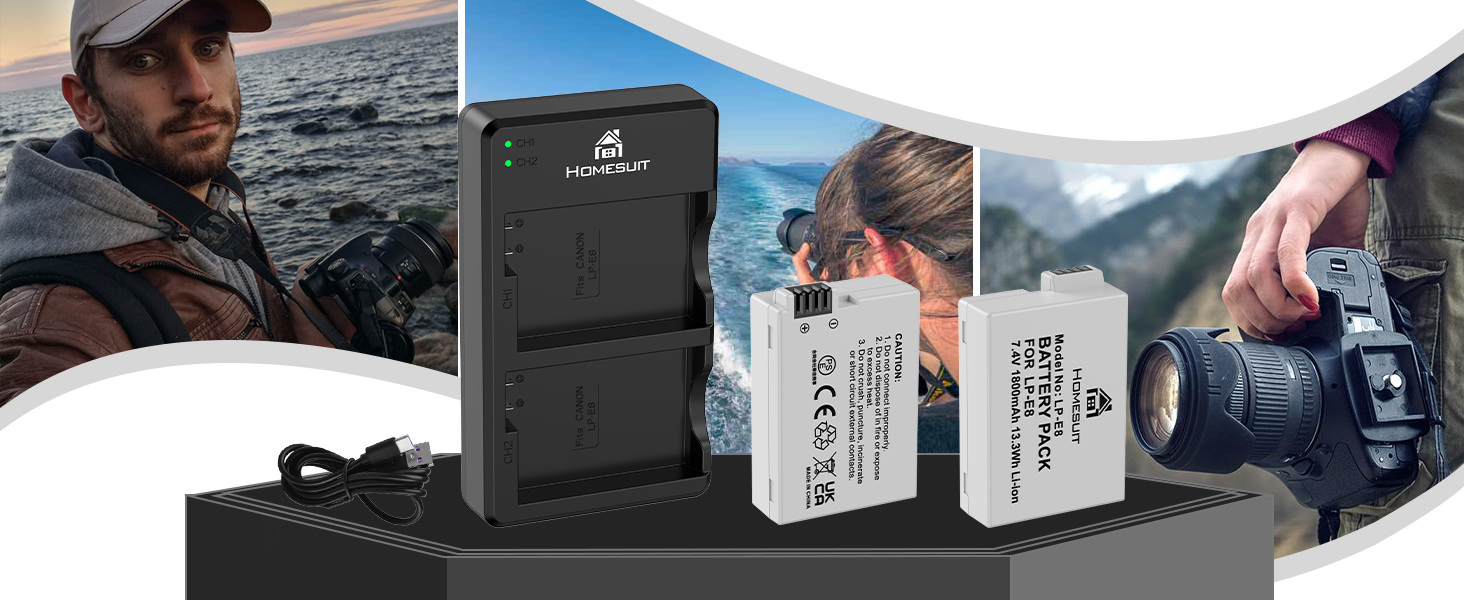 Акумулятор LP-E8 1800mAh та LED зарядний пристрій для Canon EOS Rebel T2i T3i T4i T5i EOS 550D 600D 650D 700D Kiss X4 X5 X6 X6i X7i (2 шт. акумулятори + 1 зарядний пристрій)
