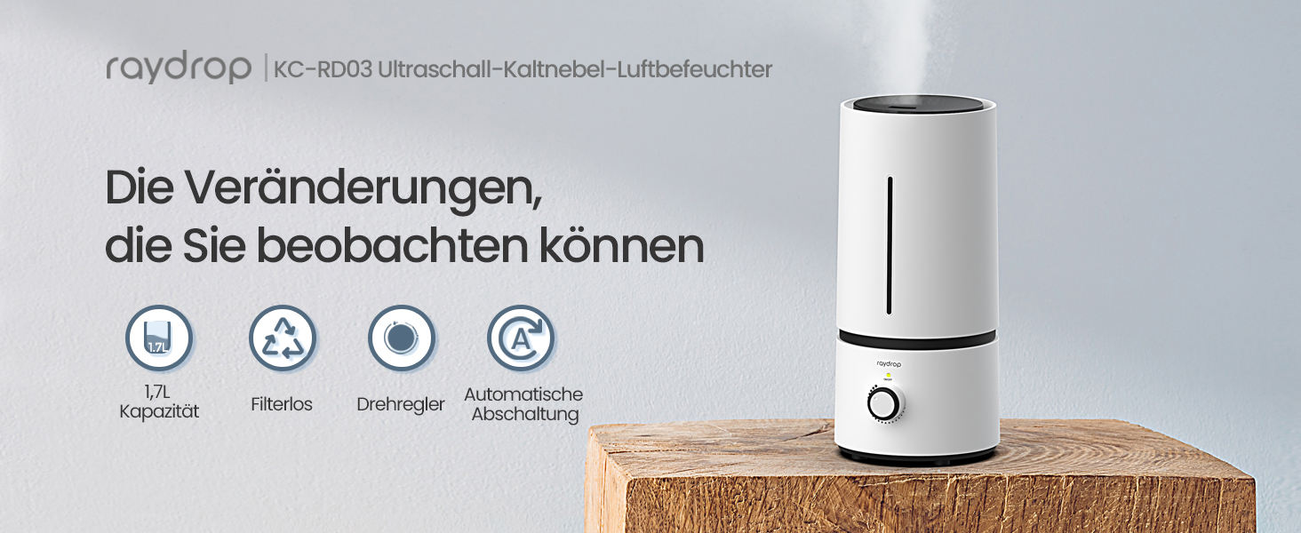 Ультразвуковий зволожувач повітря Raydrop 1.7L - тихий, для спальні та дитячої, для дитини та рослин, автоматичне відключення, білий