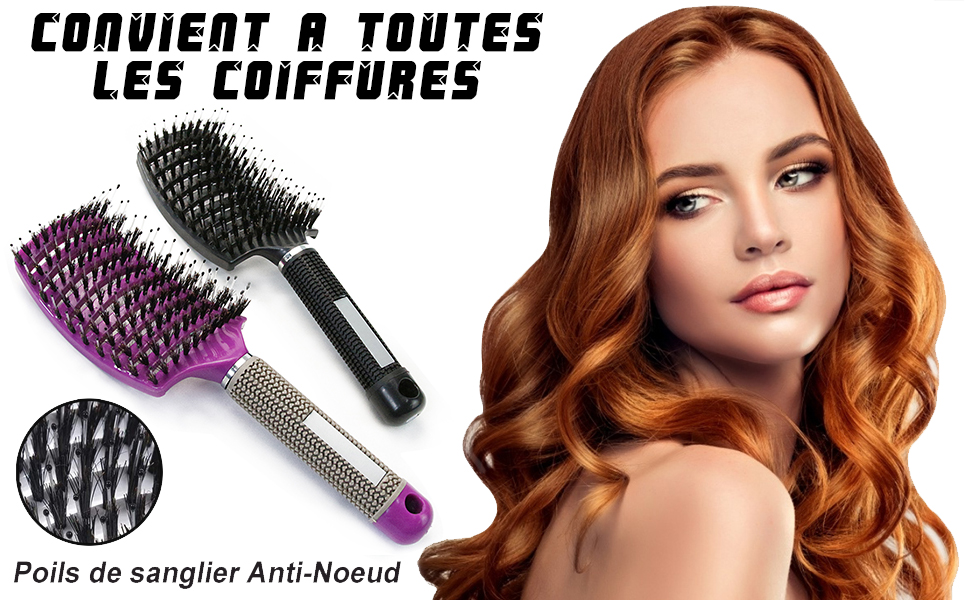 Двохсторонна щітка для волосся з щетиною дикого кабана (чорний та фіолетовий) - безшумна, розподіляє олію, випрямляє волосся, дихаюча, прискорює сушіння