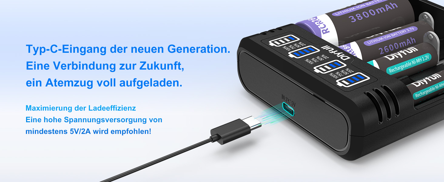 Зарядний пристрій Dlyfull для акумуляторів 18650, 4 слоти, USB-C, LED дисплей, швидка зарядка, сумісний з 18650, 21700, 17500, 16340, 26650, AA, AAA, C, 3.7V Li-Ion та 1.2V NI-MH/NI-CD