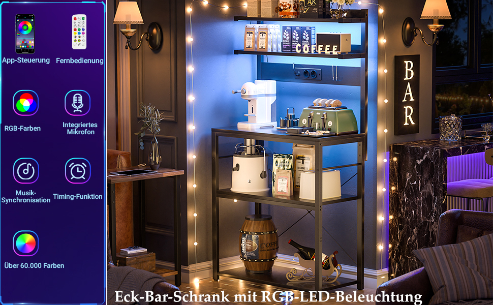 Кухонна полиця-стійка з розеткою, підставка для мікрохвильовки, 5-ярусна кавобар з LED-підсвічуванням, полиця для спецій, каструль та сковорідки (60 см, чорний)