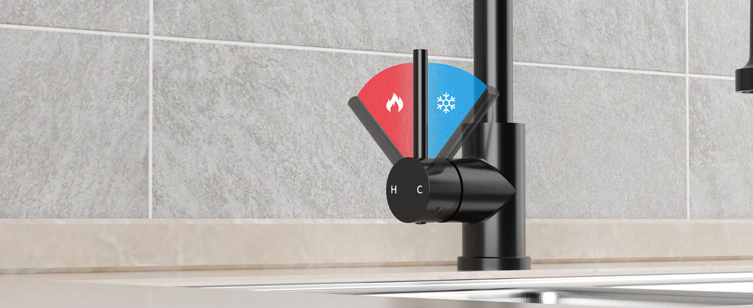 Кухонний змішувач Rainsworth з нержавіючої сталі, чорний, з висувною лійкою та двома струменями, 360° обертання, 45 см