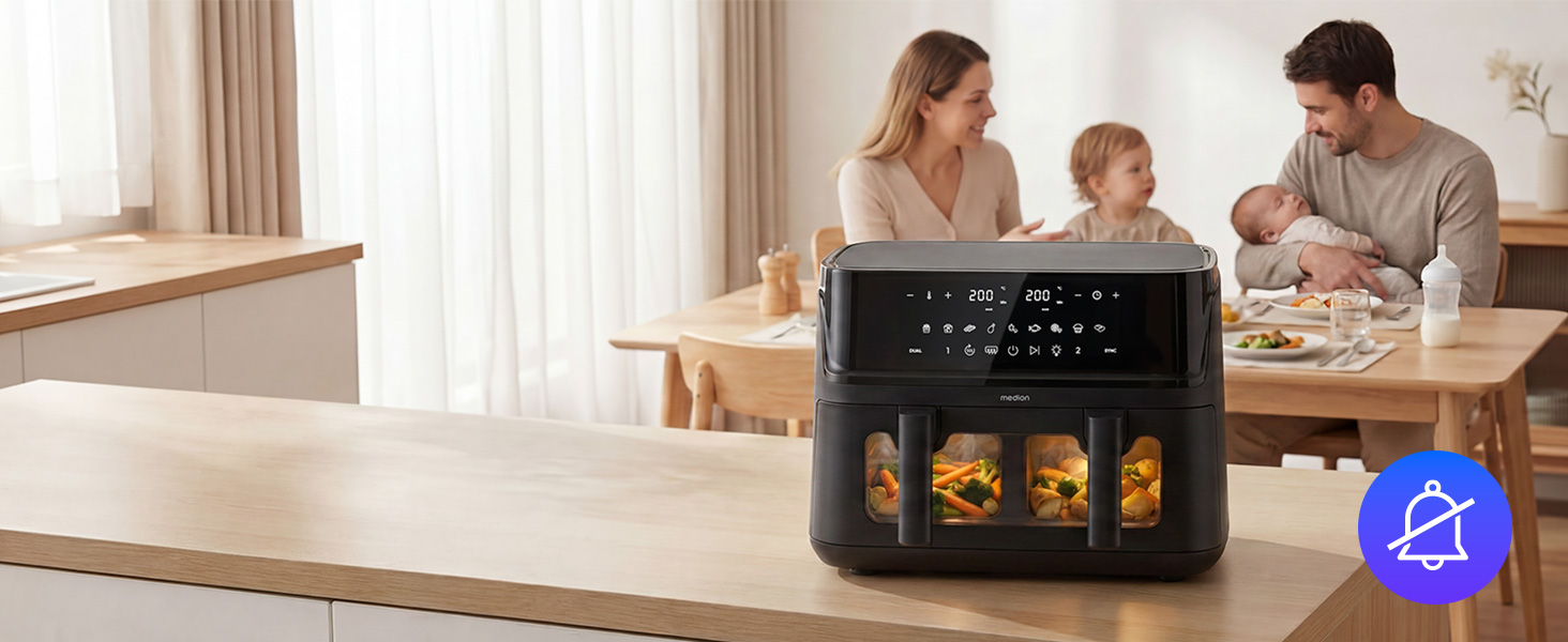Аерофритюрниця з двома камерами MEDION P25 XXL Flex M, 10.8 л, без PFAS, чорна