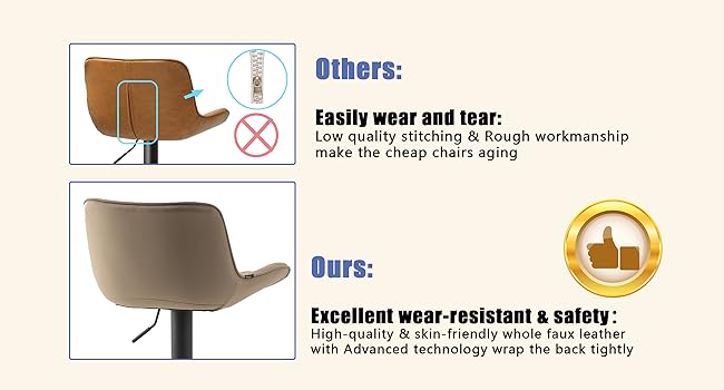 YOUNIKE Adjustable Bar Stools 2-Pack - Modern Kitchen Barstools with PU Leather Upholstery, Swivel Metal Bar Chairs for Counter/Island - Khaki Net Khaki