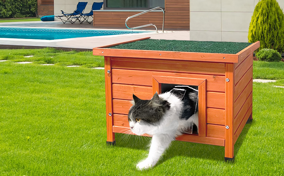 Дім для котів Vounot® з дерева, з асфальтовим дахом, для вулиці, 57 x 45 x 43 см