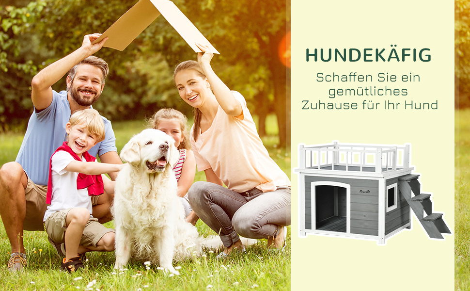 Будка для собак PawHut з балконом та сходами, будиночок для дрібних та середніх собак, з вікном, з соснового дерева, 121 x 77 x 78 см (Світло-сірий)