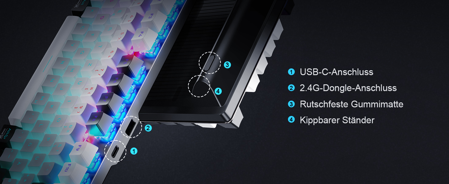 Механічна ігрова клавіатура TECURS бездротова, 80% TKL з підсвічуванням, Red Switch, QWERTZ, для ПК, ноутбука, Windows, чорно-біла