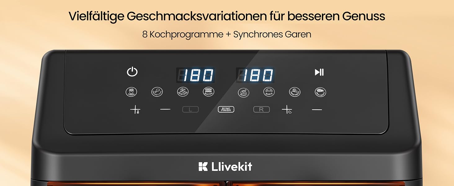 Аерофритюрниця LLIVEKIT 9L з двома камерами (2x4.5L), 8 програм, 4D конвекція, функція Sync-Finish, енергоощадна, чорна
