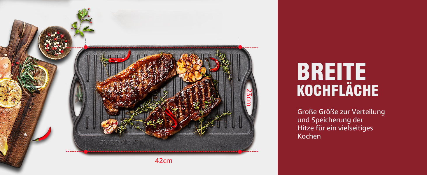 Чавунна двостороння гриль-плита OVERMONT з ручками 43,2×24,9 см для BBQ, духовки, газового та вугільного гриля